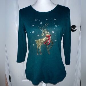 Karen Scott Rhinestone Reindeer Christmas Top Green PM